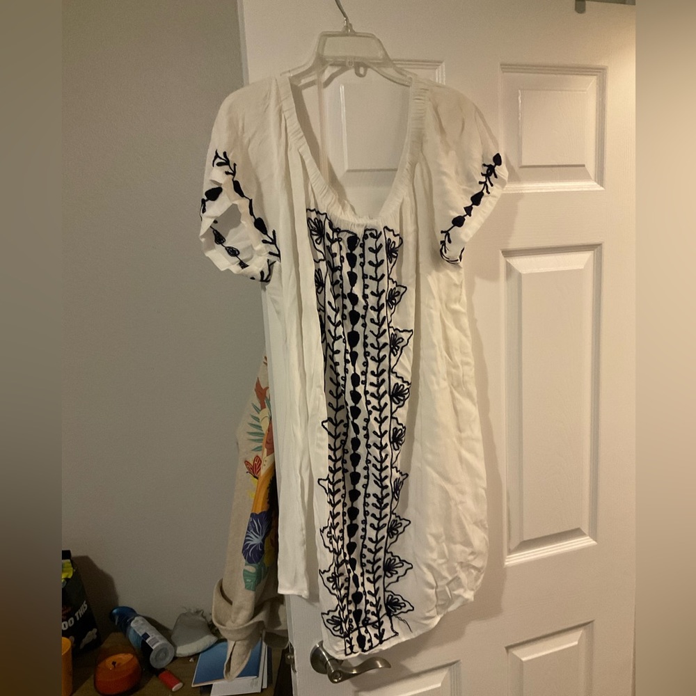 White and blue off the shoulder dress